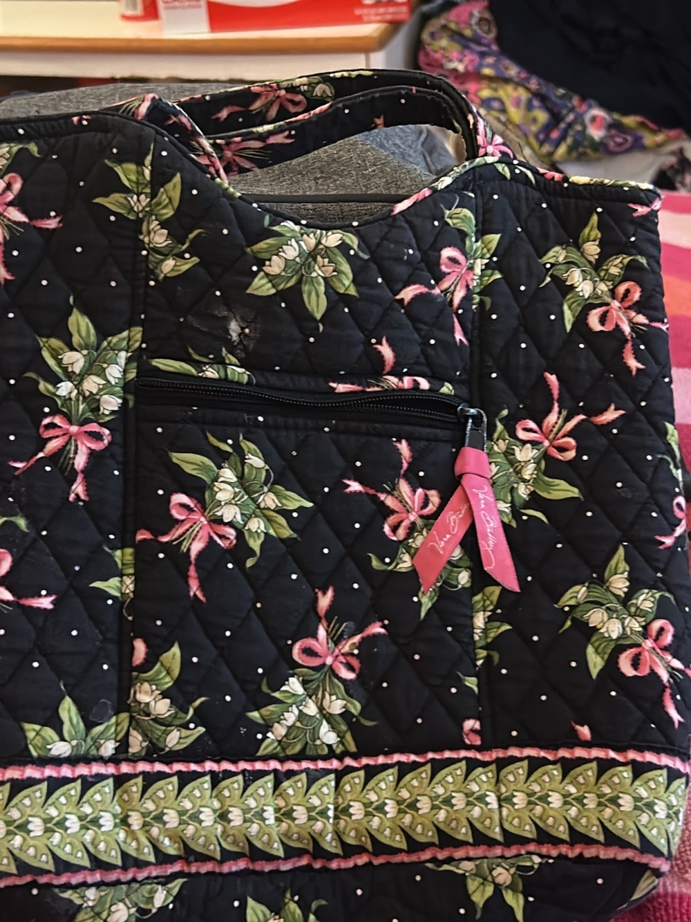 Quilted Black Floral Tote Bag with Pink Ribbon Accents